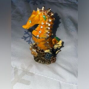 Vintage Sea Horse Trinket Box Enameled Paint Crystal Accents Hinged Storage